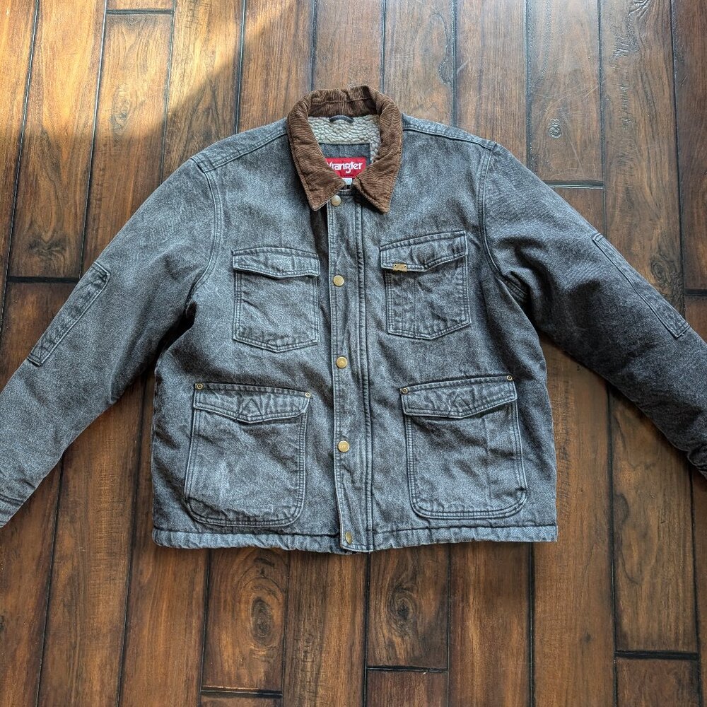 Wrangler Jacket Mens XL Black Denim Sherpa Lined Corduroy Collar Chore Workwear
